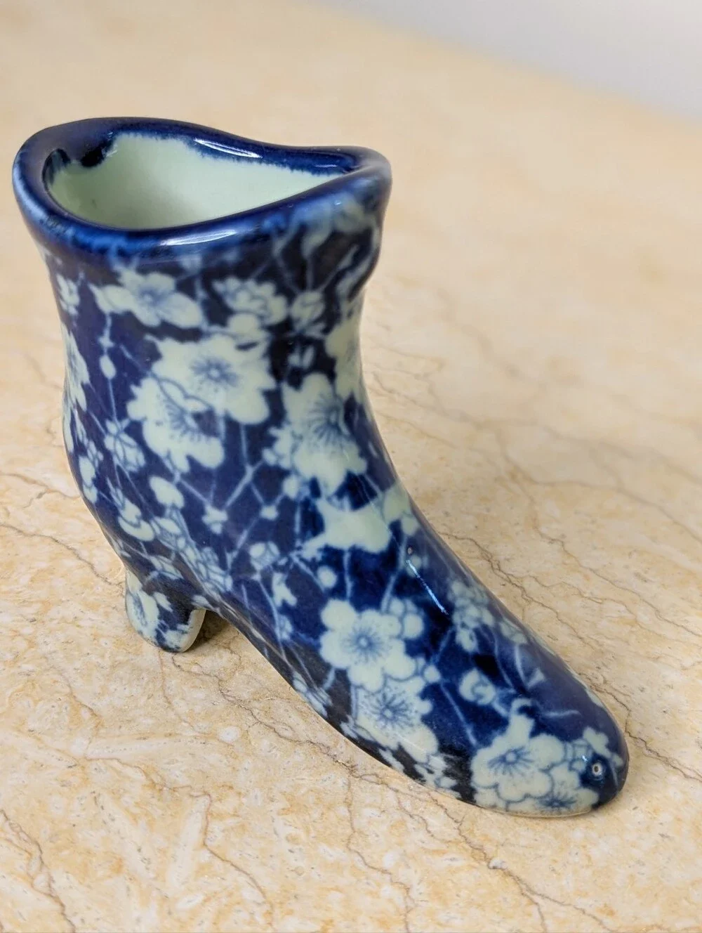 Vintage Ironstone Blue & White Chintz Floral Chinoiserie Mini Boot Vase Stamped